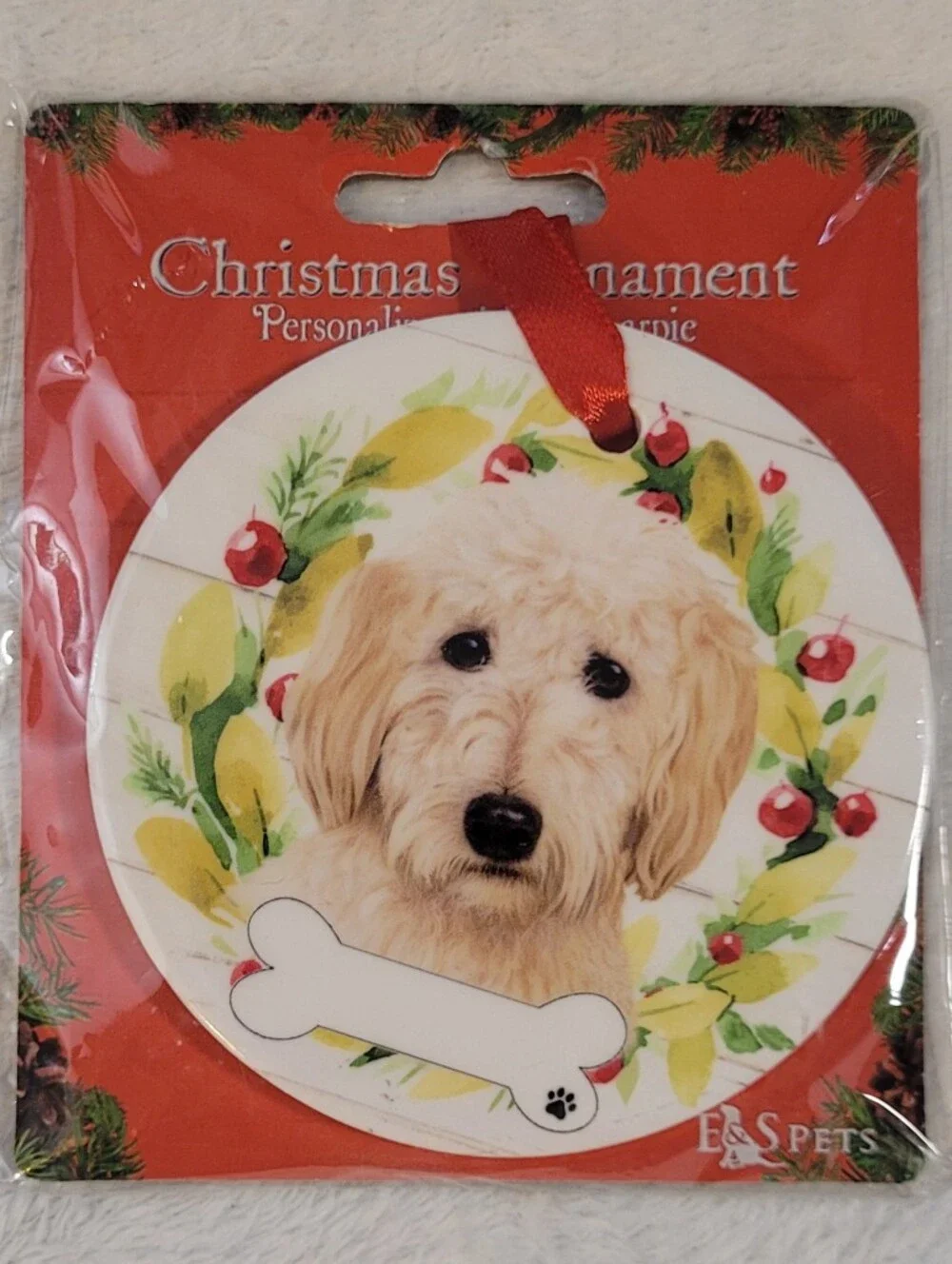 Kohl's Cream and Red Goldendoodle Wreath Ornament